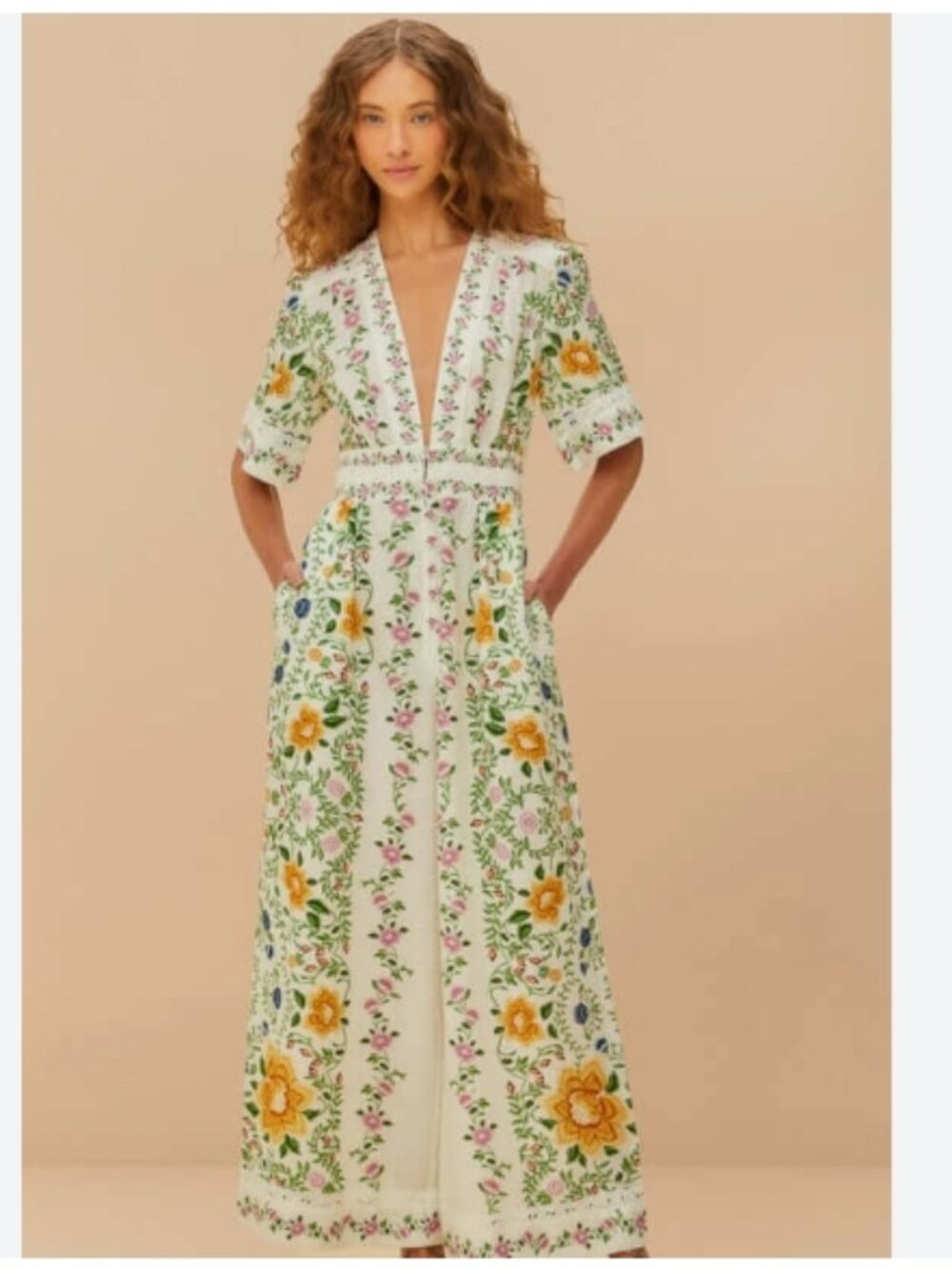Farm Rio Folk Floral Linen Blend White Short-Sleeve Wide-Leg Jumpsuit Small NWT